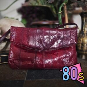 Eel Skin Purse Burgundy Red Vintage 80s Leather Shoulder Bag Clutch Handbag 6x10